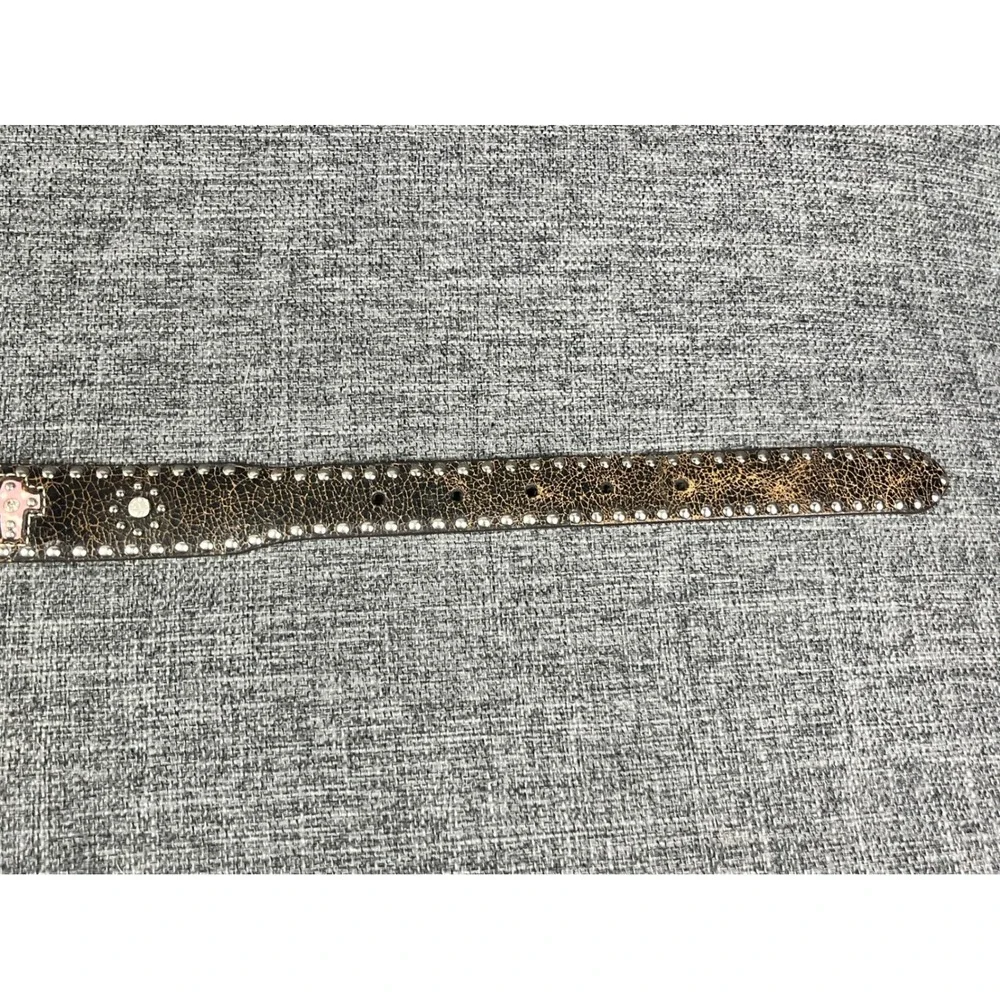 Nocona Belt Co Girls Brown Leather Studded Pink Heart Cross Belt Strap Size 20